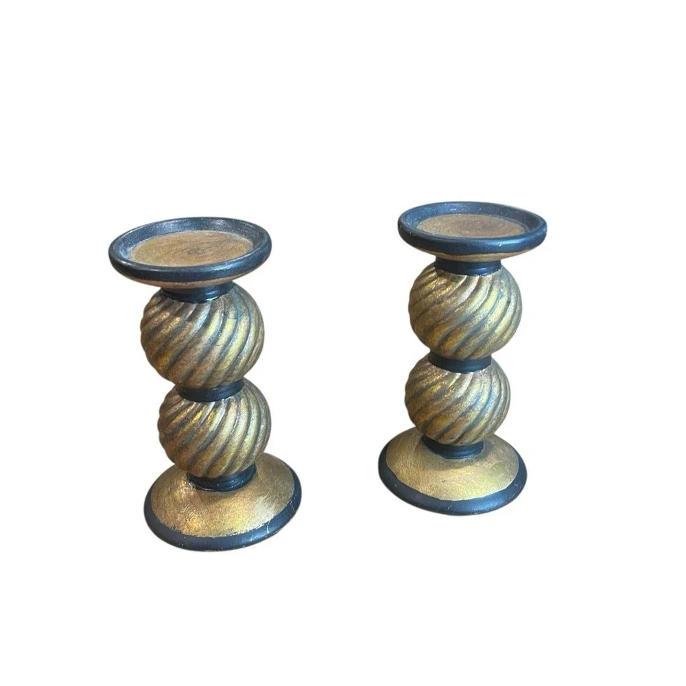 Vintage Candle Holders Antique Gold Chunky Pillar Candle Holders Set of 2